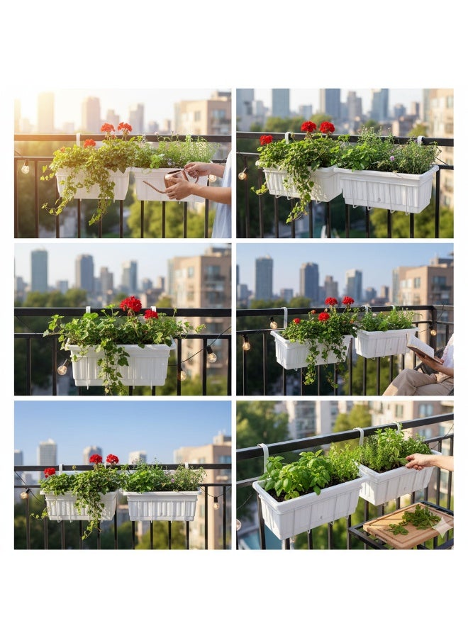 Rectangular Planter Pot Set with Built-in Drainage Dish 20x40cm 3 Pieces with 3 Metal Stand for Hanging Balcony -white - Image 2
